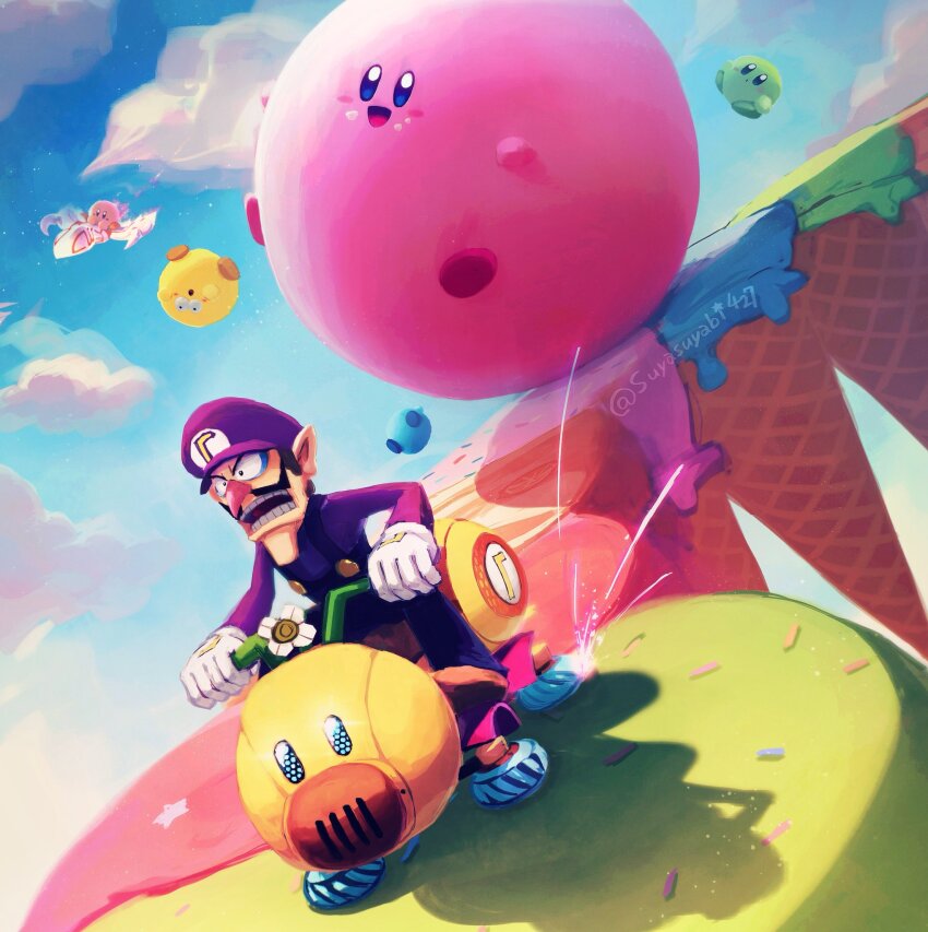 1boy blush_stickers clothes_writing cloud cloudy_sky dragoon_(kirby) driving facial_hair gloves happy hat highres kirby kirby&#039;s_dream_buffet kirby_(series) long_sleeves mario_(series) mario_kart mustache nintendo open_mouth overalls pointy_ears purple_hat shadow shirt short_hair sky sparks suyasuyabi teeth twitter_username waluigi white_gloves wiggler wild_wiggler