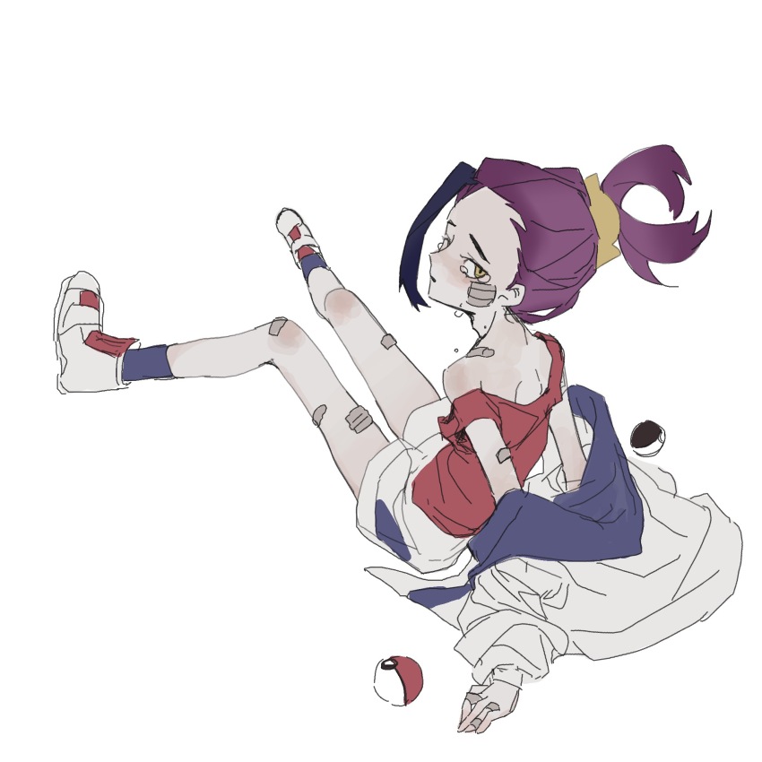 1boy asymmetrical_bangs bandage_on_cheek bandaid bandaid_on_finger bandaid_on_knee bandaid_on_leg bandaid_on_shoulder black_hair blue_socks crying crying_with_eyes_open full_body game_freak gao_tongren_wanjiebufu highres jacket kieran_(pokemon) looking_back male_focus mole mole_on_neck multicolored_hair nintendo parted_lips poke_ball poke_ball_(basic) pokemon pokemon_sv purple_hair red_tank_top shoes short_hair shorts simple_background sitting socks solo tank_top tears two-tone_hair white_background white_jacket white_shoes white_shorts yellow_eyes