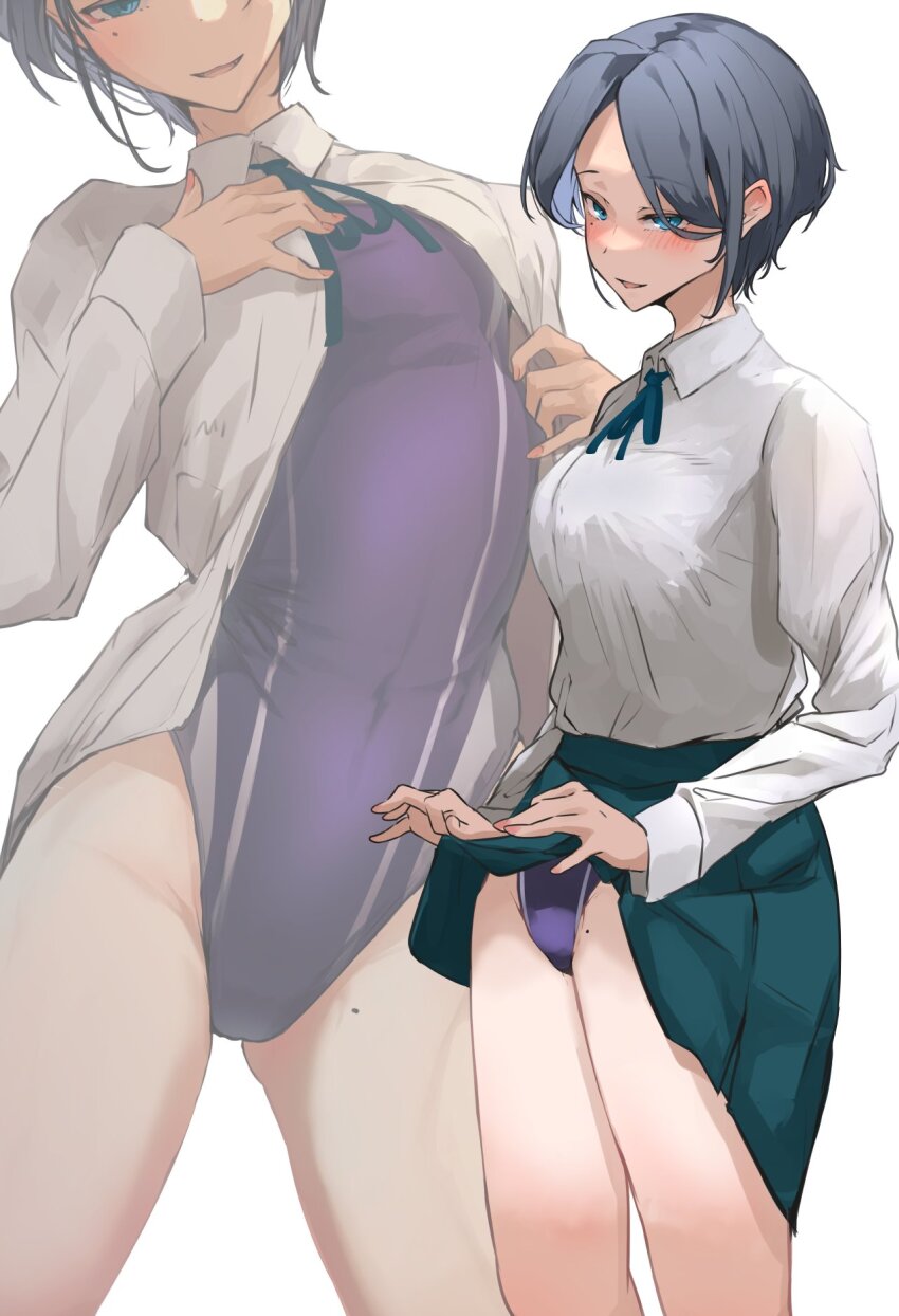 1girl akiyama_cz4a blue_eyes blue_hair blue_ribbon blush breasts cameltoe clothes_lift collared_shirt covered_navel ears_visible_through_hair embarrassed forehead green_skirt groin groin_tendon hand_on_own_face highres lifting_own_clothes looking_at_viewer medium_breasts mole mole_on_groin multiple_views navel one-piece_swimsuit open_mouth original pink_nails pleated_skirt purple_one-piece_swimsuit ribbon shirt shirt_ribbon short_hair sidelocks skirt skirt_lift solo swimsuit swimsuit_under_clothes thighs tongue white_shirt