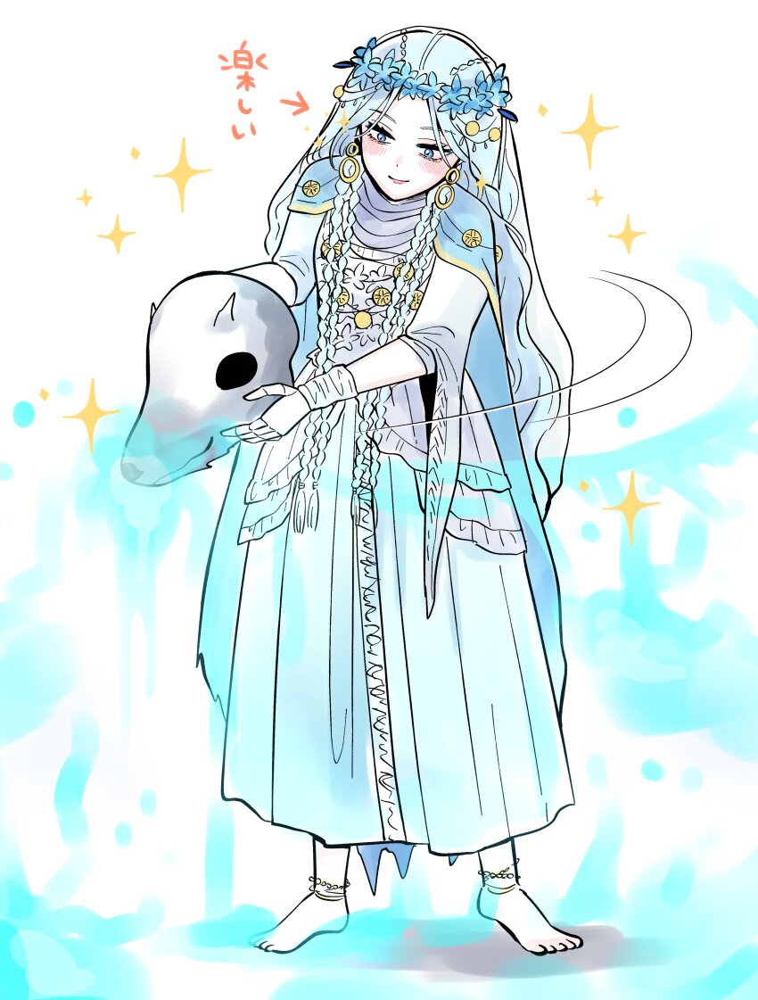 absurdres anklet barefoot blue_cape blue_eyes braid cape closed_mouth doll_joints dress elden_ring elden_ring_nightreign flower_wreath full_body gold_anklet gold_trim head_wreath highres holding holding_skull jewelry joints low_twin_braids nijiomu revenant_(elden_ring) skull smile sparkle standing twin_braids veil white_background white_dress white_veil