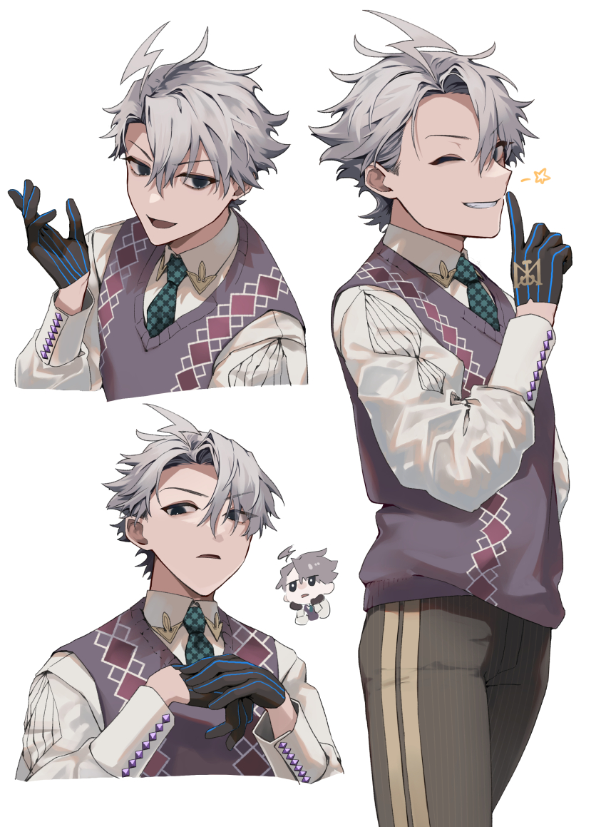 1boy absurdres argyle_clothes argyle_sweater_vest black_eyes black_gloves brown_pants chibi chibi_inset collared_shirt fate/grand_order fate_(series) gloves green_necktie grey_hair highres james_moriarty_(ruler)_(fate) lightning_ahoge male_focus multiple_views necktie one_eye_closed own_hands_together pants purple_sweater_vest shirt short_hair simple_background smile star_(symbol) sweater_vest teeth tia_(cocorosso) white_background white_shirt