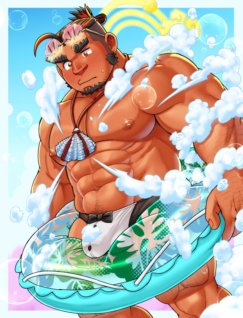 1boy abs absurdres ahoge bara beard black_hair blush bow bowtie bubble bulge cloud ei_(marutendon) facial_hair hair_bun hairy highres jewelry large_pectorals lifebuoy male_focus male_swimwear male_underwear manly mature_male multicolored_hair muscular muscular_arms muscular_legs muscular_male necklace nipples nose_blush pectorals pubic_hair red_eyes red_facial_hair red_hair sarutahiko_(housamo) solo sunglasses swim_briefs swim_ring tan thick_eyebrows thighs tokyo_houkago_summoners topless_male underwear