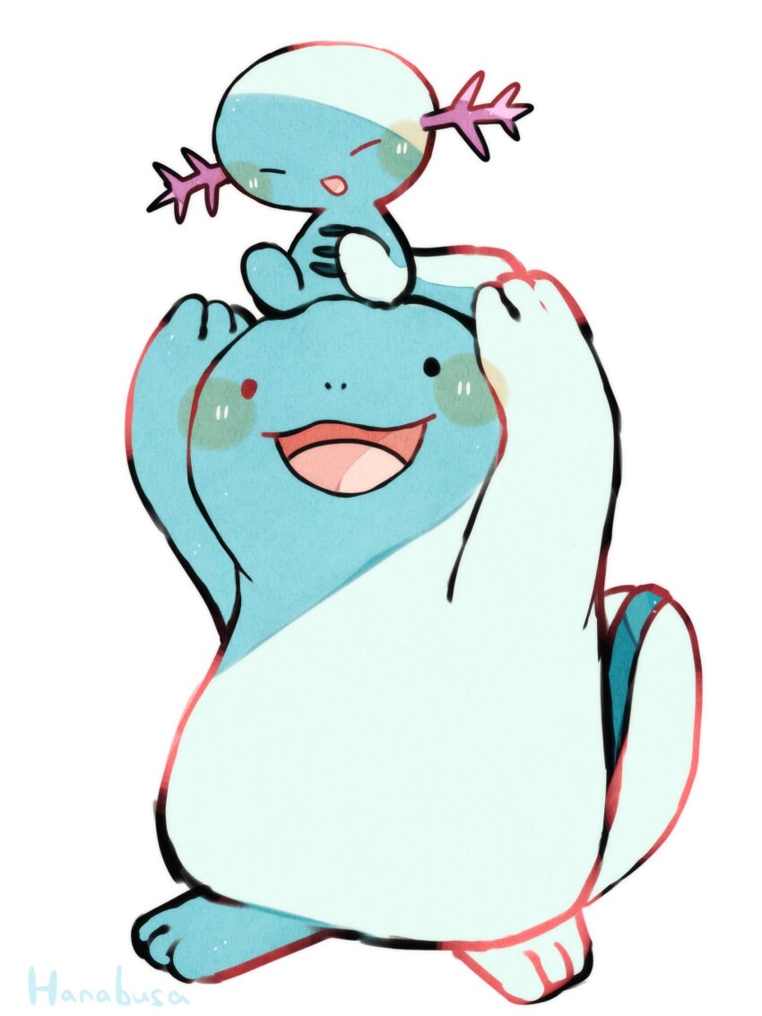 :d animal_focus blue_skin closed_eyes colored_skin commentary_request evolutionary_line gen_2_pokemon hanabusaoekaki highres nintendo no_humans on_head open_mouth pokemon pokemon_(creature) pokemon_on_head quagsire simple_background smile solid_circle_eyes tail white_background wooper