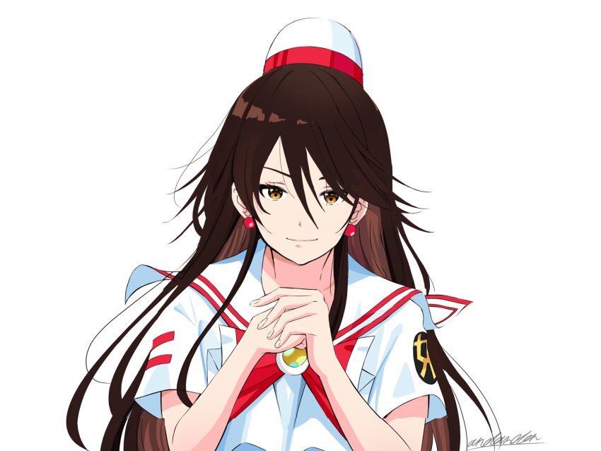 1girl akira_ferrari andanden aria_(manga) bow bowtie brown_eyes brown_hair closed_mouth earrings hair_between_eyes hands_up hat highres himeya_company_uniform jewelry long_hair looking_at_viewer own_hands_together red_bow red_bowtie red_hat sailor_collar short_sleeves sidelocks signature simple_background smile solo two-tone_headwear white_background white_hat