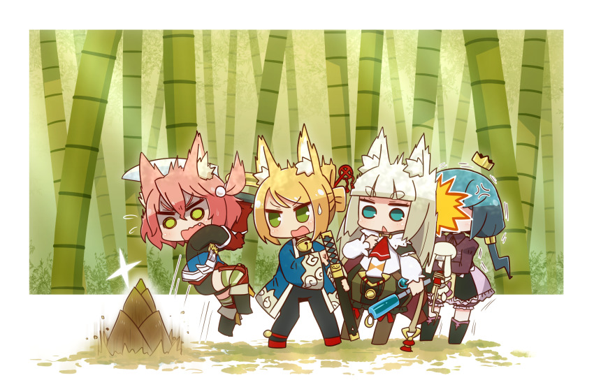 4girls 7th_dragon 7th_dragon_(series) :&lt; ^^^ anger_vein animal_ear_fluff animal_ears bamboo bamboo_forest bamboo_shoot bell bike_shorts black_bodysuit black_footwear black_shorts blonde_hair blue_eyes blue_hair blue_jacket blush bodysuit boots brown_shirt bubble_skirt cat_ears collared_shirt commentary_request crown fang fighter_(7th_dragon) forest fox_ears frilled_skirt frills gloves green_eyes green_legwear hair_between_eyes hair_bobbles hair_ornament harukara_(7th_dragon) highres holding holding_sword holding_weapon ikurakun_(7th_dragon) jacket jingle_bell juliet_sleeves jumping long_hair long_sleeves low_twintails mage_(7th_dragon) mini_crown momomeno_(7th_dragon) multiple_girls naga_u namuna_(7th_dragon) nature one_side_up open_clothes open_mouth parted_lips pink_hair princess_(7th_dragon) puffy_sleeves red_footwear red_gloves samurai_(7th_dragon) sheath sheathed shirt short_shorts shorts skirt standing striped_clothes striped_legwear striped_skirt striped_thighhighs surprised sword thighhighs thighhighs_under_boots triangle_mouth twintails vertical-striped_clothes vertical-striped_skirt very_long_hair wavy_mouth weapon white_hair white_shirt wide_sleeves