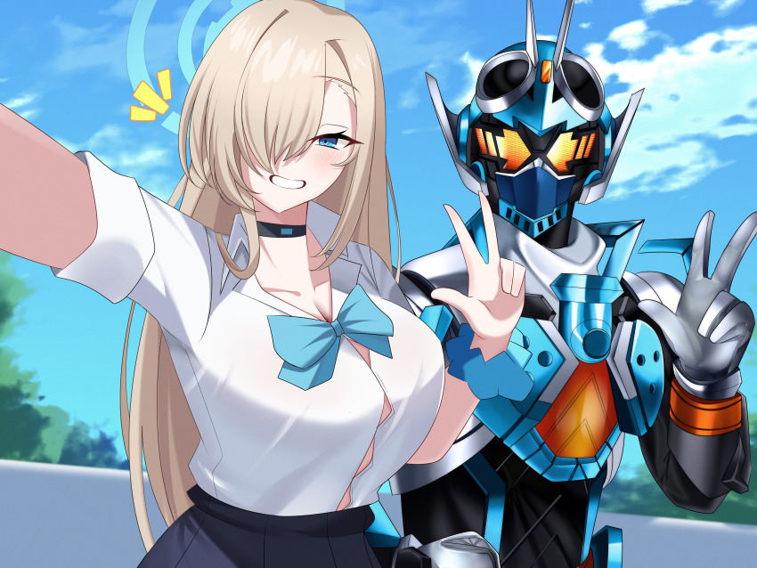 absurdres armor asuna_(blue_archive) blonde_hair blue_archive blue_armor blue_bow blue_bowtie blue_halo blue_scrunchie bow bowtie choker crossover hair_over_one_eye halo highres kamen_rider kamen_rider_gotchard kamen_rider_gotchard_(series) looking_at_viewer name_connection official_alternate_costume reiei_8 school_uniform scrunchie selfie steam_hopper tokusatsu
