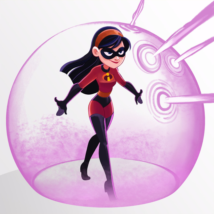 1girl belt black_boots black_eyes black_gloves black_hair black_mask bodysuit boots disney domino_mask energy_barrier gloves hairband highres joseph_wang long_hair mask orange_belt pixar red_bodysuit smile solo superhero_costume the_incredibles thigh_boots violet_parr walking white_background