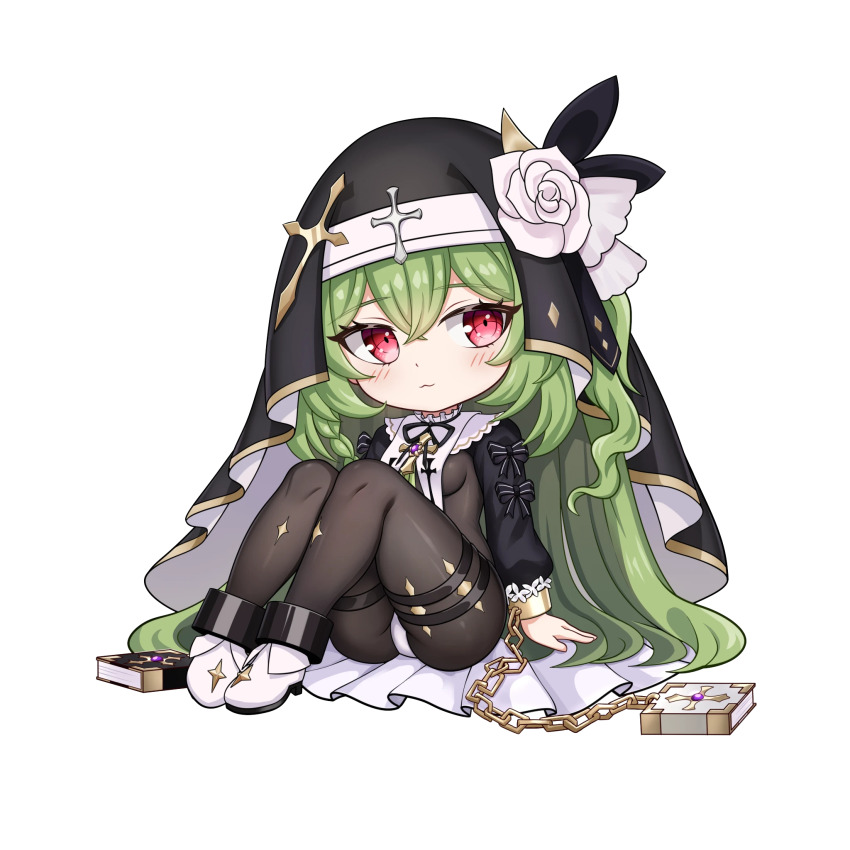 1girl :3 arm_support artist_request blush bodystocking book boots braid breasts chain chibi commission cross cuffs fang flower full_body green_hair hair_between_eyes highres huanxiang_koudai_meow long_hair long_sleeves nun original puffy_long_sleeves puffy_sleeves red_eyes second-party_source shackles simple_background sitting solo thigh_strap transparent_background veil very_long_hair white_boots white_flower