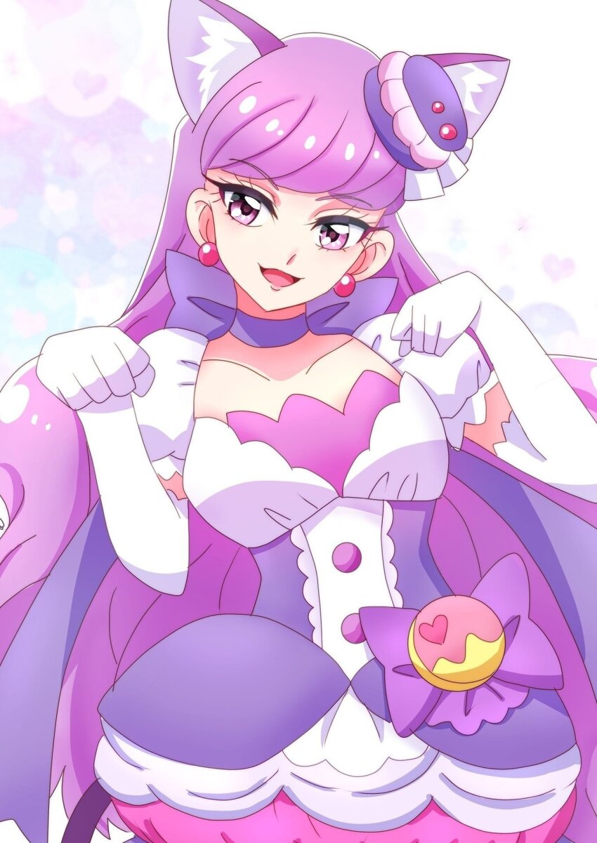 1girl animal_ears bow bow_choker breasts cake_hair_ornament cat_ears cat_tail choker cure_macaron earrings elbow_gloves extra_ears food-themed_hair_ornament gloves hair_ornament highres jewelry kirakira_precure_a_la_mode long_hair looking_at_viewer macaron_hair_ornament magical_girl medium_breasts momotarouooi paw_pose pom_pom_(clothes) pom_pom_earrings precure purple_choker purple_eyes purple_hair purple_tail ribbon_choker smile solo tail upper_body white_gloves