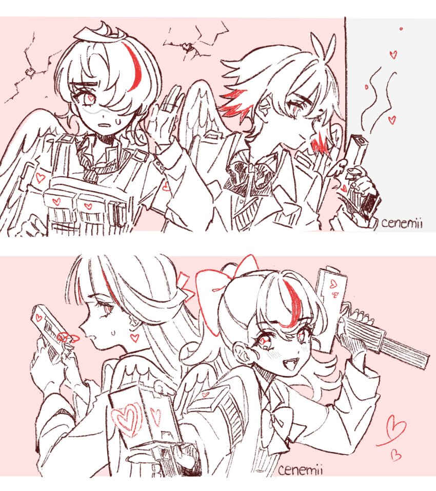 2boys 2girls absurdres angel_wings blazer bow cenemii crack cracked_wall gun handgun highres inukai_komugi jacket love-bullet monochrome multicolored_hair multiple_boys multiple_girls necktie nekoyashiki_yuki pink_background ponytail precure simple_background smile streaked_hair submachine_gun sweatdrop toyama_daifuku uzi weapon white_hair wings yuunagi_tsubasa