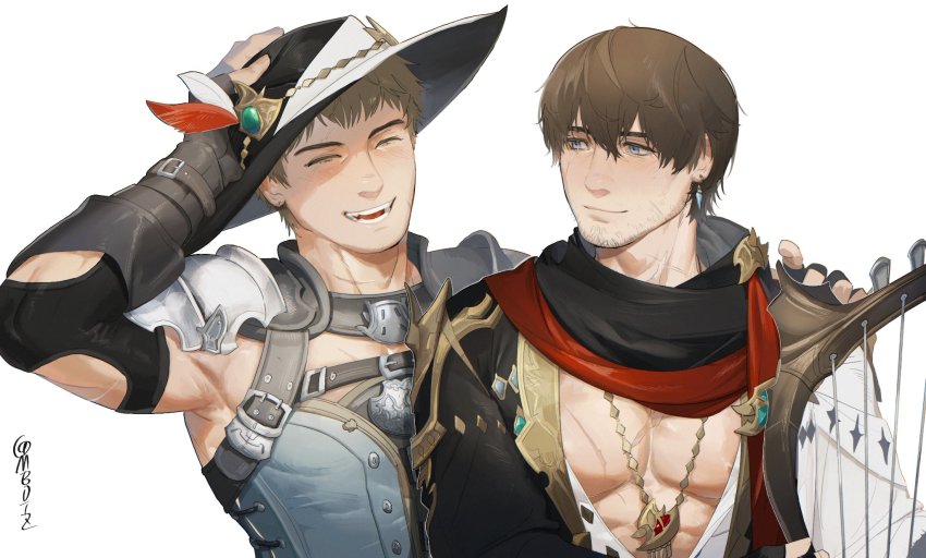 2boys adventurer_(ff14) archer_(final_fantasy) armor bard_(final_fantasy) black_gloves blue_eyes brown_hair closed_eyes closed_mouth earrings facial_hair feather_hair_ornament feathers final_fantasy final_fantasy_xiv gloves hair_ornament harp hat highres holding holding_instrument hyur instrument jewelry large_pectorals looking_at_another male_focus mbdtz multiple_boys muscular muscular_male necklace open_mouth pauldrons pectorals scar scar_on_chest short_hair shoulder_armor smile stubble upper_body warrior_of_light_(ff14)