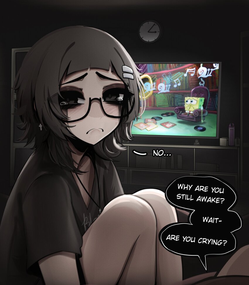 1girl arched_bangs black-framed_eyewear black_eyes black_hair black_shirt clock closed_mouth commentary cross cross_earrings cross_necklace earrings english_commentary english_text frown gary_(spongebob) glasses hair_ornament hairclip highres indoors jewelry knees_up looking_at_viewer makeup mascara medium_hair mikuneki necklace original parallel_hairclips raised_inner_eyebrows riyo_kaede_(mikuneki) runny_makeup sad semi-rimless_eyewear shirt short_sleeves solo spongebob_squarepants spongebob_squarepants_(series) talking tearing_up television under-rim_eyewear watching_television