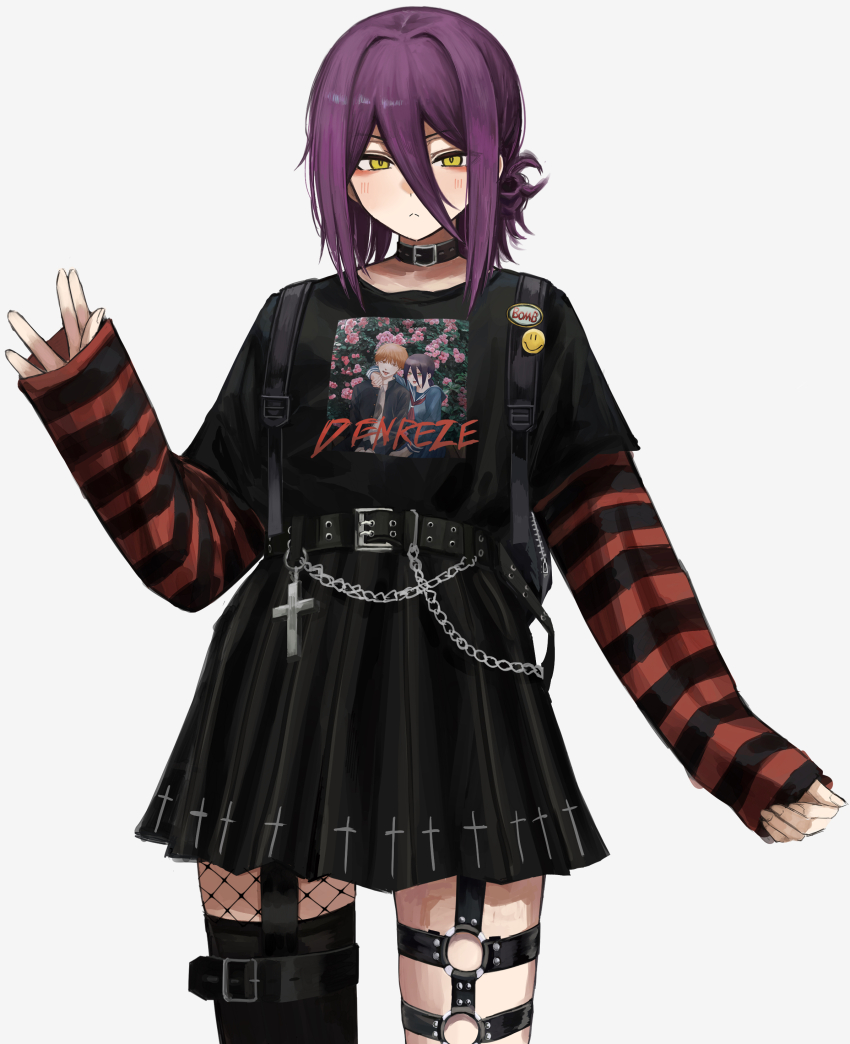 1girl :&lt; absurdres backpack bag black_bag black_choker black_shirt black_skirt black_thighhighs blue_serafuku blush chain chainsaw_man choker colored_eyelashes cross denji_(chainsaw_man) deyo_(nicijyou) fishnet_pantyhose fishnets gakuran green_eyes hair_between_eyes hair_bun highres layered_sleeves long_sleeves looking_at_viewer medium_hair miniskirt neckerchief o-ring o-ring_thigh_strap pantyhose punk purple_hair red_neckerchief reze_(chainsaw_man) school_uniform serafuku shirt short_hair short_over_long_sleeves short_sleeves simple_background single_fishnet_legwear single_hair_bun single_leg_pantyhose single_thighhigh skirt sleeves_past_wrists socks_over_fishnets solo striped_sleeves thigh_strap thighhighs thighhighs_over_pantyhose