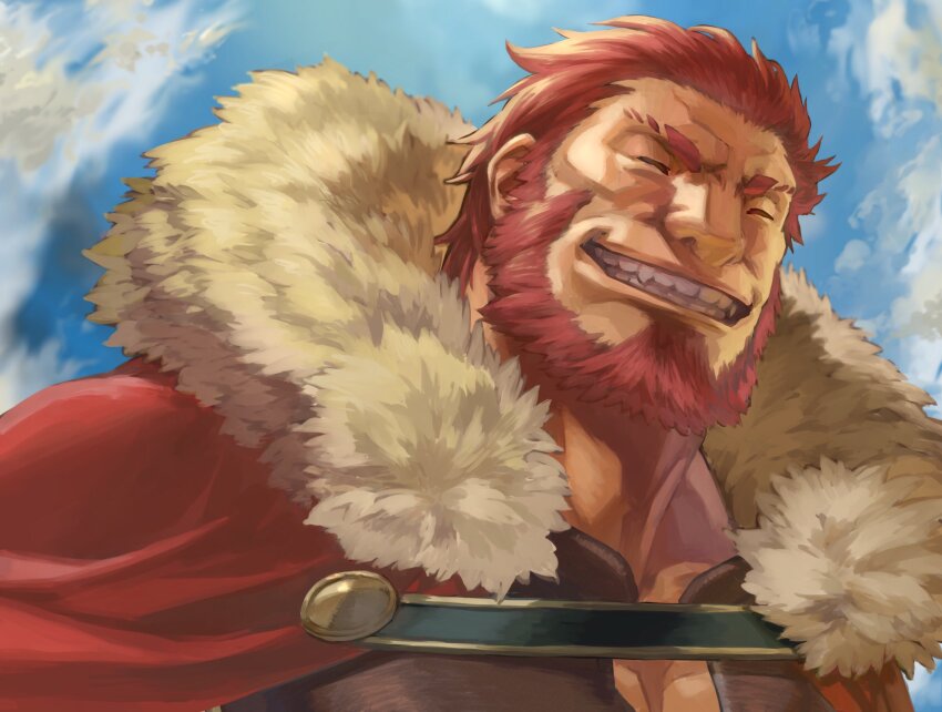 1boy beard cape dark-skinned_male dark_skin facial_hair facing_viewer fate/zero fate_(series) full_beard grin highres iskandar_(fate) male_focus mature_male muscular muscular_male pectoral_cleavage pectorals red_facial_hair red_hair short_hair sky smile solo thick_beard thick_neck upper_body wrinkled_skin yomoyama_yotabanashi