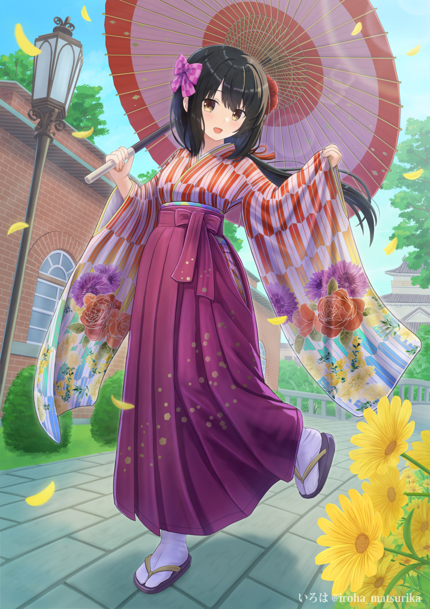 1girl :d absurdres architecture black_hair black_sandals blue_sky blush bow breasts brick_wall brown_eyes checkered_bow checkered_clothes cloud commentary_request day east_asian_architecture flower full_body hair_between_eyes hair_bow hakama hakama_skirt highres holding holding_umbrella iroha_(iroha_matsurika) japanese_castle japanese_clothes kimono lamppost long_hair long_sleeves looking_at_viewer official_art oil-paper_umbrella open_mouth outdoors petals pinching_sleeves purple_hakama railing red_flower sandals skirt sky sleeves_past_wrists small_breasts smile socks solo tabi taishou taishou_roman_(yoasobi) twitter_username umbrella very_long_hair white_kimono white_socks wide_sleeves window yagasuri zouri