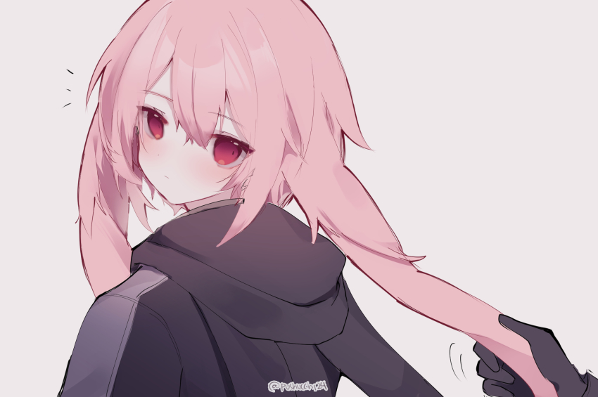 1boy animal_ears ansel_(arknights) arknights black_gloves black_jacket blush commentary disembodied_hand english_commentary gloves highres holding_ear jacket looking_at_viewer looking_back lop_rabbit_ears male_focus no_nose pink_hair pushu rabbit_ears red_eyes simple_background solo_focus surprised twitter_username white_background