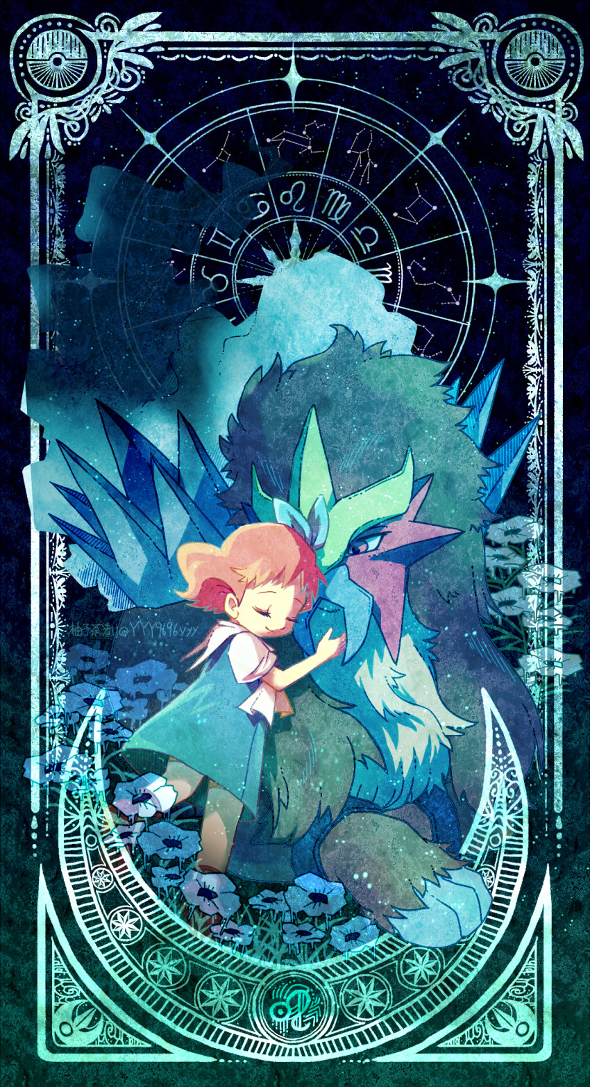 1girl brown_hair closed_eyes closed_mouth commentary_request dress entei eyelashes flower framed game_freak gen_2_pokemon hand_up highres legendary_pokemon molly_hale nintendo pokemon pokemon_(anime) pokemon_(classic_anime) pokemon_(creature) pokemon_3:_the_movie_-_spell_of_the_unown:_entei shirt short_sleeves sleeveless sleeveless_dress smile standing white_shirt yyy9696yyy