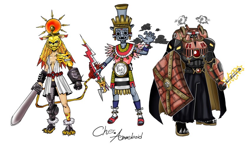1girl 2boys absurdres andromon banchou breasts delinquent digimon digimon_(creature) guardromon highres katou_juri kitagawa_kenta leomon marinangemon mask medium_breasts megaseadramon multiple_boys original shiota_hirokazu simple_background sword weapon white_background