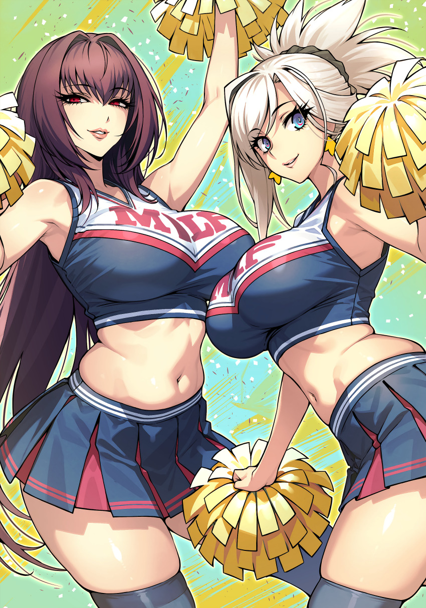 2girls absurdres bare_shoulders blue_eyes breasts cheerleader crop_top dynamitenatalia fate/grand_order fate_(series) highres large_breasts long_hair looking_at_viewer midriff miniskirt miyamoto_musashi_(fate) multiple_girls navel pink_hair pom_pom_(cheerleading) purple_hair red_eyes scathach_(fate) skirt smile swept_bangs thighhighs thighs
