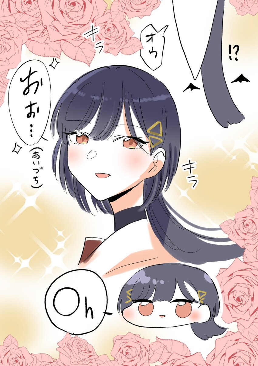 !? 1girl :d bishie_sparkle black_hair brown_dress chibi chibi_inset commentary_request cropped_shoulders dress erako9 floral_background flower hair_ornament hasu_no_sora_school_uniform highres katsuragi_izumi link!_like!_love_live! long_hair looking_at_viewer love_live! multiple_views open_mouth orange_eyes pink_flower pink_rose rose rose_background sailor_collar sailor_dress school_uniform smile sparkle speech_bubble translation_request triangle_hair_ornament virtual_youtuber white_sailor_collar winter_uniform wolf_cut yellow_background