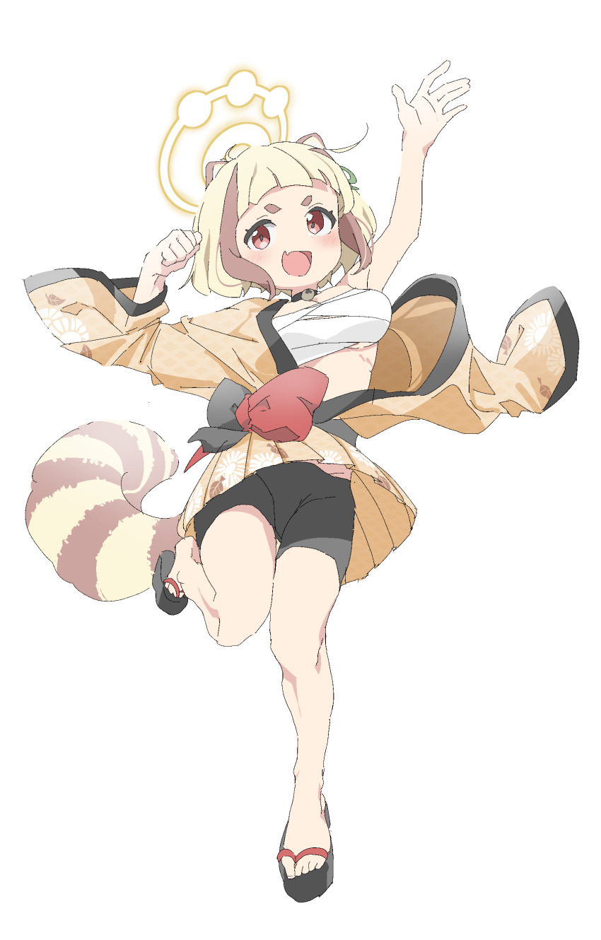 1girl :d absurdres ahoge animal_ears arata_(blue_archive) arms_up bell bike_shorts_under_skirt black_choker black_shorts blonde_hair blue_archive blunt_bangs blush breasts brown_hair chest_sarashi choker clenched_hand commentary_request fang full_body fuyubone groin halo highres japanese_clothes jingle_bell kimono leaf_print long_sleeves midriff multicolored_hair neck_bell okobo open_clothes open_kimono open_mouth platform_sandals pleated_skirt print_kimono print_skirt raccoon_ears raccoon_girl raccoon_tail red_eyes sandals sarashi short_hair shorts sidelocks simple_background skin_fang skirt smile solo standing standing_on_one_leg tail two-tone_hair v-shaped_eyebrows white_background wide_sleeves yellow_halo yellow_kimono yellow_skirt