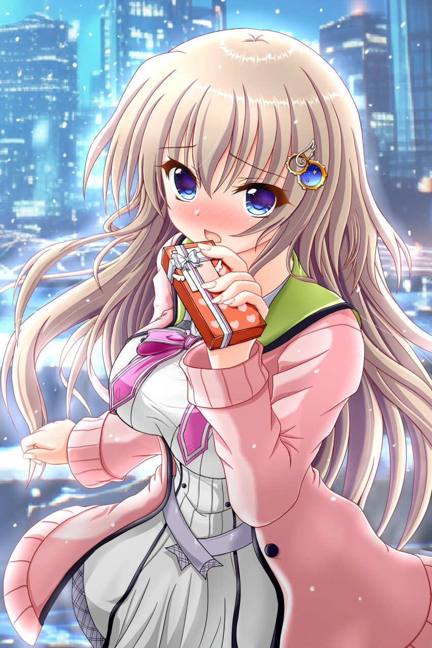 1girl 9-nine- blue_eyes blush bow box breasts brown_hair cardigan commentary_request cowboy_shot dress embarrassed eyes_visible_through_hair fingernails floating_hair furrowed_brow gear_hair_ornament gift gift_box grey_skirt hair_between_eyes hair_ornament hand_up highres holding holding_gift kujou_miyako large_breasts long_hair long_sleeves looking_at_viewer nineball0211 nose_blush open_cardigan open_clothes open_mouth outdoors pink_bow pink_cardigan school_uniform skirt solo star_(symbol) valentine very_long_hair white_dress wing_hair_ornament