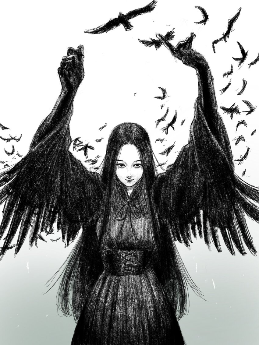 1girl bird bird_wings black_dress corset dress flock highres hood hood_down long_hair original solo tp_p_pt very_long_hair white_background wings