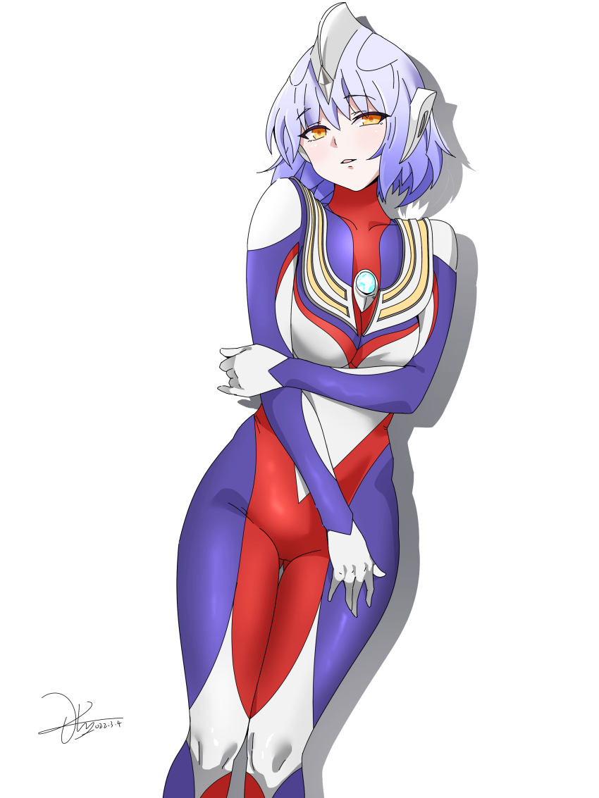 1girl 2022 absurdres armor bob_cut bodysuit breastplate breasts chinese_commentary collarbone color_timer commentary contrapposto cowboy_shot crystal dated dorsal_fin drop_shadow forehead_jewel genderswap genderswap_(mtf) hair_between_eyes hand_on_own_arm hand_on_own_thigh headgear highres humanization knees_together_feet_apart light_smile looking_at_viewer multicolored_bodysuit orange_eyes parted_lips purple_bodysuit purple_hair red_bodysuit short_hair signature silver_bodysuit simple_background skin_tight small_breasts solo standing tokusatsu ultra_series ultraman_tiga ultraman_tiga_(multi_type) ultraman_tiga_(series) white_background yi_(user_jwth4284)