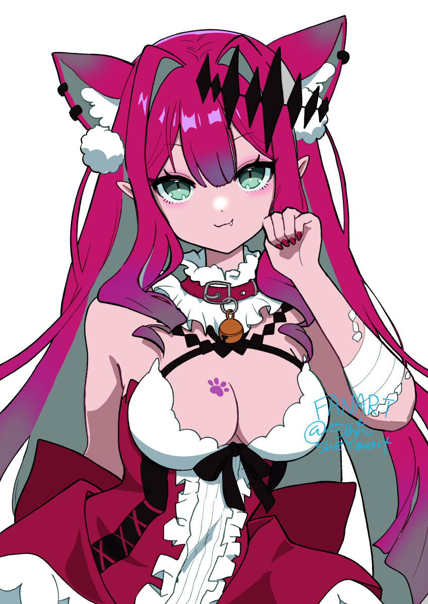 1girl absurdres animal_ears baobhan_sith_(fate) bell breasts cat_ears cat_girl cleavage detached_collar dress extra_ears fang fate/grand_order fate_(series) frilled_dress frills green_eyes hair_ornament hand_up highres long_hair looking_at_viewer neck_bell paw_pose paw_print pink_hair red_dress red_nails sharp_teeth sheyona sidelocks smile solo teeth white_background