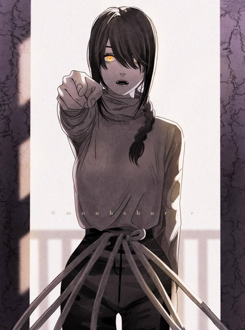 1girl alternate_breast_size braid braided_ponytail breasts chainsaw_man commentary cowboy_shot facebook_username hair_over_one_eye hair_over_shoulder highres large_breasts leash limited_palette monhshur_r nayuta_(chainsaw_man) open_mouth pointing pointing_at_viewer railing ringed_eyes sepia single_braid solo turtleneck yellow_eyes