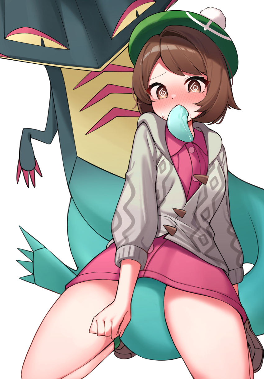 1girl @_@ absurdres blush brown_footwear brown_hair buttons cardigan clenched_hand collared_dress commentary_request dragapult dress gen_8_pokemon gloria_(pokemon) green_hat green_socks grey_cardigan hat highres hood hooded_cardigan kneeling korean_commentary leaning_back nintendo ooll_(wnxu4254) oral pink_dress pokemon pokemon_(creature) pokemon_swsh pokephilia shoes short_hair socks sweatdrop tail_insertion tail_under_clothes tam_o&#039;_shanter white_background