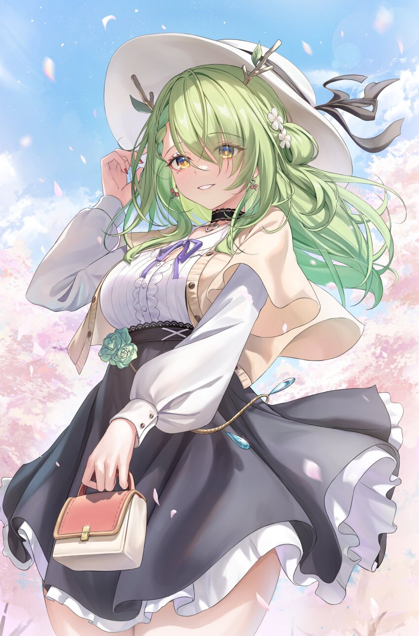 1girl absurdres antlers aoi_13 bag black_choker black_skirt blue_sky braid braided_bangs breasts brown_cardigan cardigan center_frills ceres_fauna ceres_fauna_(jirai_kei) cherry_blossoms choker cleavage_cutout clothing_cutout commentary_request day falling_petals flower frilled_shirt frilled_shirt_collar frilled_sleeves frills green_hair hair_flower hair_ornament hair_over_one_eye hair_rings hand_up handbag hat heart heart_choker high-waist_skirt highres holding holding_bag hololive hololive_english horns jirai_kei lace-trimmed_choker lace_trim large_breasts layered_sleeves long_bangs long_hair long_sleeves mole mole_under_eye neck_ribbon official_alternate_costume one_side_up open_cardigan open_clothes outdoors petals purple_ribbon ribbon shirt shirt_tucked_in short_over_long_sleeves short_sleeves single_hair_ring skirt sky solo virtual_youtuber white_hat white_shirt wide_brim yellow_eyes