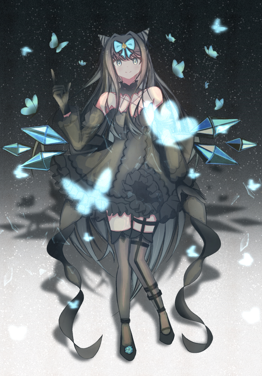 1girl arcaea bare_shoulders black_dress black_gloves black_hair blue_eyes blunt_bangs bow breasts butterfly_hair_ornament cleavage collarbone crystal_wings dress earrings full_body garter_straps gloves hair_bow hair_ornament highres jewelry large_breasts long_hair long_sleeves pointing smile solo tairitsu_(arcaea) tairitsu_(tempest)_(arcaea) thighhighs thighs user_pjyg3854