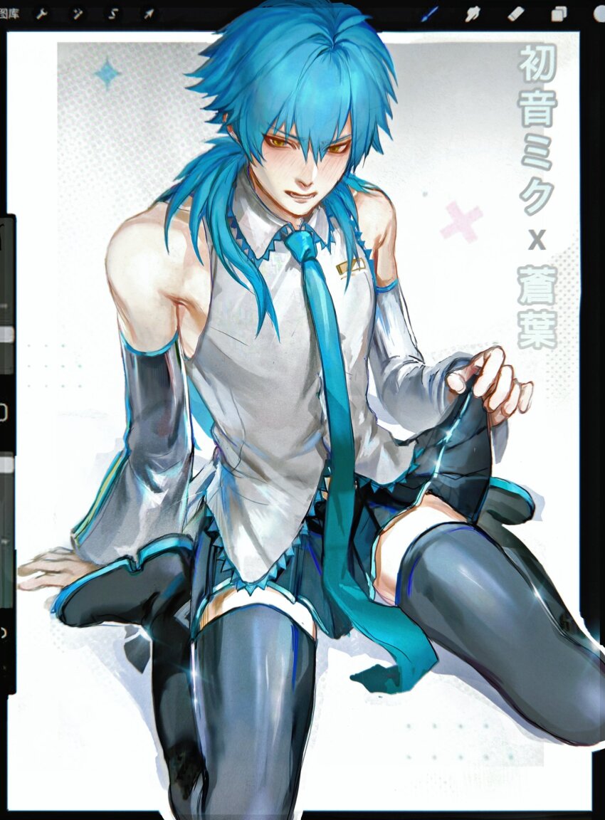 1boy bare_shoulders blue_necktie blush clothes_lift commentary cosplay crossdressing detached_sleeves dramatical_murder embarrassed full_body hair_between_eyes hatsune_miku hatsune_miku_(cosplay) highres long_hair long_necktie looking_at_viewer male_focus necktie seiza seragaki_aoba sitting skinny skirt skirt_lift sleeveless solo thighhighs thijkoij yellow_eyes