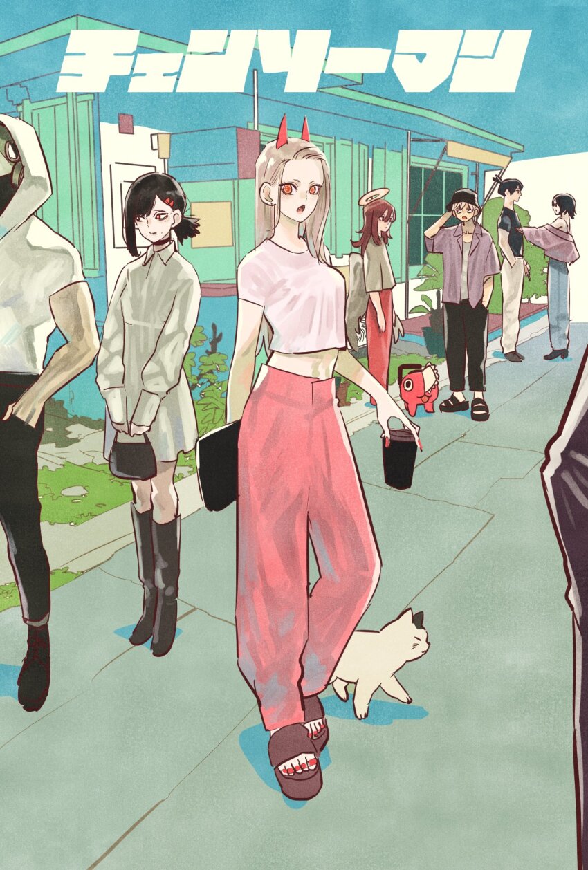 1other 3girls 4boys angel_devil_(chainsaw_man) animal black_hair black_hat black_pants blonde_hair boots cat chainsaw_man character_request choker commentary_request copyright_name cup denji_(chainsaw_man) dress full_body halo hand_in_pocket hat hayakawa_aki higashiyama_kobeni highres himeno_(chainsaw_man) holding holding_cup horns mask meowy_(chainsaw_man) mole multiple_boys multiple_girls out_of_frame pants pink_pants pochita_(chainsaw_man) ponytail power_(chainsaw_man) purple_shirt red_horns red_nails sandals shirt single_sidelock smile t-shirt takeuchi_ryousuke violence_fiend_(chainsaw_man) white_wings wings