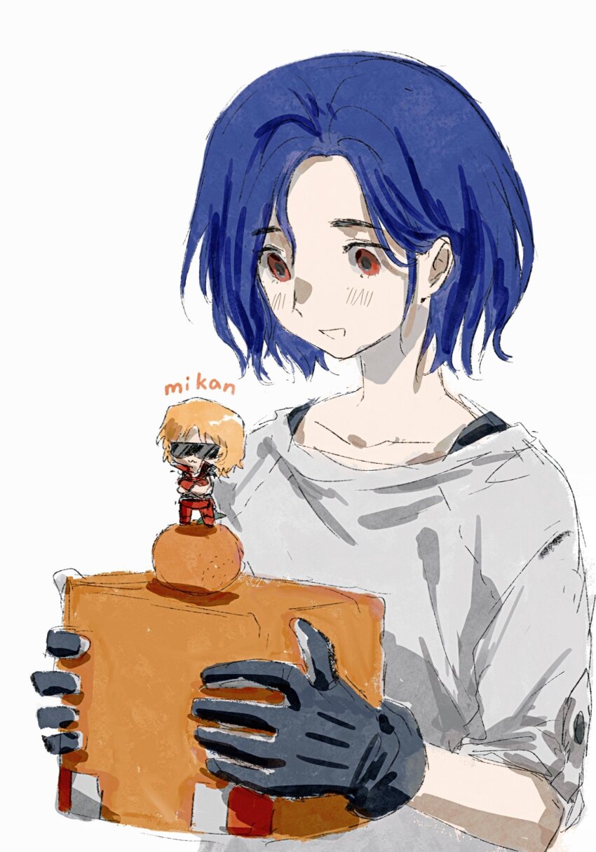 2boys blonde_hair blue_hair blush char_aznable commentary_request food fruit gloves gundam gundam_gquuuuuux highres male_focus mandarin_orange mini_person miniboy multiple_boys muluo0128 non-humanoid_robot open_mouth quattro_bajeena red_eyes robot shirt short_hair shuji_ito simple_background smile sunglasses upper_body white_background white_shirt zeta_gundam