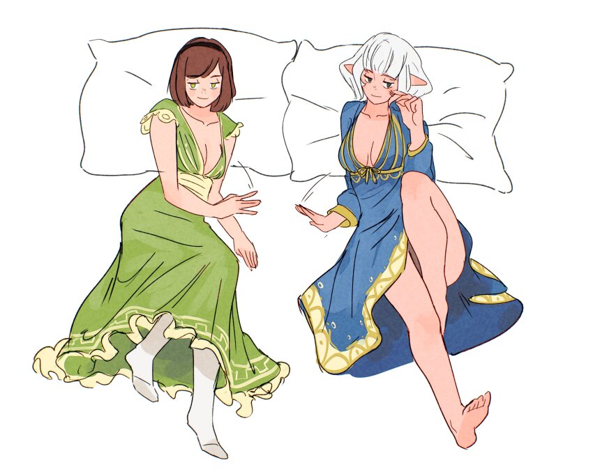 2girls absurdres asimov_(spindle_(aidenr0)) barefoot beckoning bed_invitation black_eyes black_hairband blue_dress blush bob_cut breasts brown_hair closed_mouth commentary couple dress elf english_commentary english_text frilled_dress frills full_body gold_trim green_dress green_eyes hairband hand_up highres knee_up light_blush long_sleeves lounging lying medium_breasts motion_lines multiple_girls narrowed_eyes naughty_face on_back on_bed original ottilie_(spindle_(aidenr0)) pantyhose patting pillow plunging_neckline pointy_ears short_hair short_sleeves simple_background smile soles spindle_(aidenr0) toes v-neck white_background white_hair white_pantyhose yuri