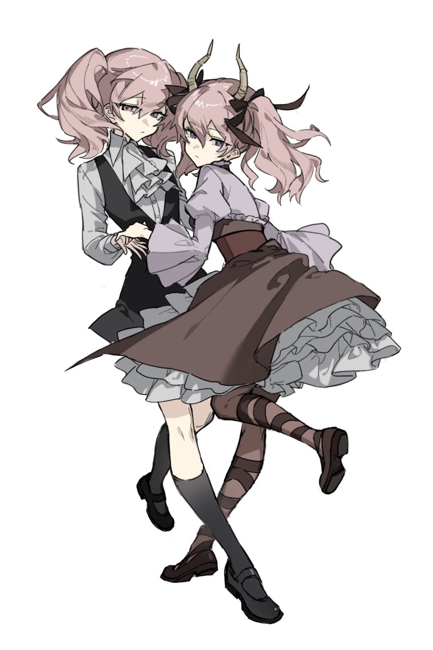 2girls alternate_costume ascot black_bow black_footwear black_socks black_vest bow brown_footwear brown_pantyhose brown_ribbon brown_skirt buttons closed_mouth collared_shirt commentary corset demon_horns dress_shirt dual_persona expressionless frilled_shirt_collar frills grey_ascot grey_shirt grey_skirt hair_between_eyes hair_bow high-waist_skirt high_collar highres holding_hands horns humanization juliet_sleeves kneehighs knees leg_ribbon leg_up light_frown linie_(sousou_no_frieren) long_hair long_sleeves looking_at_viewer looking_back mary_janes medium_skirt miniskirt multiple_girls pantyhose petticoat pink_eyes pink_hair pleated_sleeves puffy_sleeves purple_eyes purple_shirt red_corset ribbon selfcest shirt shoes simple_background skirt snowcake47 socks sousou_no_frieren symbol-only_commentary twintails v-neck vest white_background wide_sleeves yuri