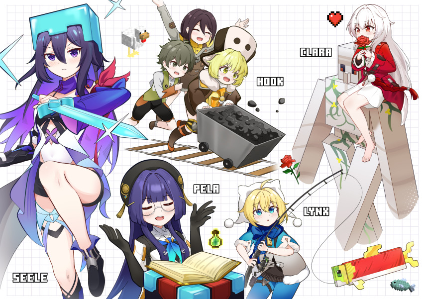 1boy 6+girls ahoge alina_(honkai:_star_rail) aviary barefoot black_hat black_shoes blonde_hair blue_eyes blue_neckerchief brown_shoes character_name clara_(honkai:_star_rail) closed_eyes closed_mouth coal enchantment_table fishing fishing_rod flower glasses green_eyes hair_between_eyes hat heart highres holding holding_fishing_rod honkai:_star_rail honkai_(series) hook_(honkai:_star_rail) iron_golem_(minecraft) julian_(honkai:_star_rail) long_hair lynx_landau minecart minecraft multiple_girls neckerchief on_shoulder open_mouth pela_(honkai:_star_rail) pom_pom_(clothes) purple_eyes purple_hair red_eyes red_flower red_rose rose seele_(honkai:_star_rail) shoes white_hair white_hat