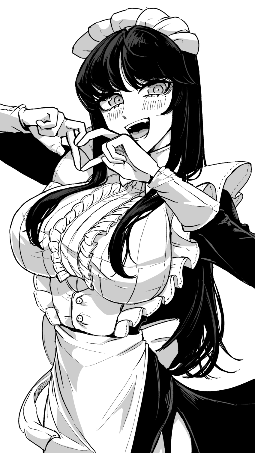 1girl four-finger_heart_hands absurdres aegyo_sal apron blush breasts center_frills commentary cowboy_shot fang frilled_apron frills fufu_(fufuichi04) garter_straps greyscale hair_over_breasts heart heart_hands highres large_breasts long_hair long_sleeves maid maid_apron maid_headdress mana_(fufuichi04) mole mole_under_eye monochrome open_mouth original side_slit simple_background solo symbol-only_commentary underbust