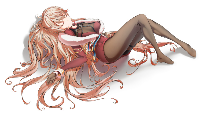 1girl absurdres artist_name azur_lane braid brown_gloves coat full_body fur-trimmed_coat fur_trim gloves highres howe_(azur_lane) huge_filesize long_hair madakov_kodima maltese_cross medal orange_hair pantyhose red_coat see-through_clothes shadow ship&#039;s_badge side_braid sleeping solo unitard very_long_hair