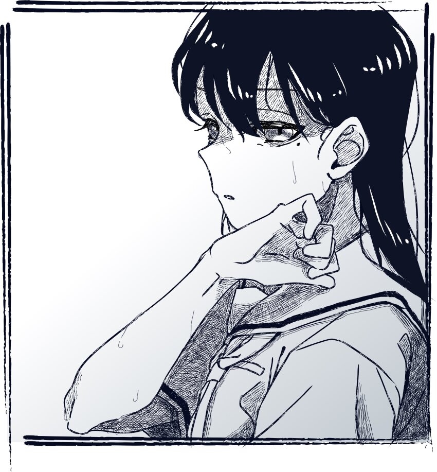 1girl absurdres bang_dream! bang_dream!_it&#039;s_mygo!!!!! chinese_commentary commentary_request doki_(oox3o) greyscale hair_between_eyes hanasakigawa_school_uniform highres long_hair mole mole_under_eye monochrome neckerchief open_mouth sailor_collar school_uniform serafuku shiina_taki short_hair solo sweat upper_body