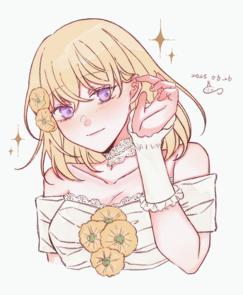 1girl bang_dream! bang_dream!_it&#039;s_mygo!!!!! bare_shoulders blonde_hair blush breasts chinese_commentary choker cleavage closed_mouth collarbone commentary_request dated dress flower hair_between_eyes hair_flower hair_ornament highres long_hair medium_breasts medium_hair misumi_uika off-shoulder_dress off_shoulder purple_eyes solo sparkle tucking_hair upper_body white_choker white_dress white_wrist_cuffs wrist_cuffs yuyuyang0402