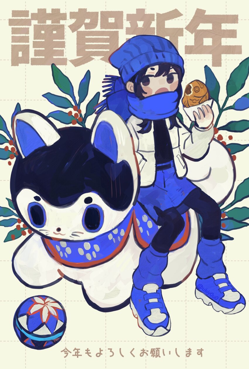 1girl ball beanie black_eyes black_hair black_pantyhose black_shirt blue_hat blue_leg_warmers blue_scarf blue_shoes blue_skirt cat food food_bite grid_background hand_in_pocket hand_up happy_new_year hashtag-only_commentary hat highres holding holding_food jacket leg_warmers long_hair long_sleeves looking_at_viewer miniskirt new_year open_clothes open_jacket open_mouth original pantyhose plant s1ho_(ukiy0u0) scarf shirt shoes skirt solo taiyaki temari_ball twitter_username wagashi white_jacket