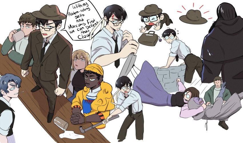 2girls 5boys absurdres african_clothes black_hair black_necktie black_shirt black_vest blonde_hair blood blood_on_face blue_hair blue_skirt bomber_jacket bracelet briefcase brown_hair brown_hat brown_jacket brown_pants brown_suit commentary cup daan_(fear_&amp;_hunger) dark-skinned_male dark_skin drinking earrings english_text eyepatch facial_hair fear_&amp;_hunger fear_&amp;_hunger_2:_termina flying_sweatdrops formal_clothes glasses green_jacket hat highres holding holding_knife holding_lead_pipe jacket jewelry karin_(fear_&amp;_hunger) knife lead_pipe long_sleeves marcoh_(fear_&amp;_hunger) medical_eyepatch multiple_boys multiple_girls multiple_views mustache necktie needles_(fear_&amp;_hunger) no_jacket o&#039;saa_(fear_&amp;_hunger) olivia_(fear_&amp;_hunger) onac911 open_clothes open_jacket pants pink_shirt shirt short_hair simple_background skirt speech_bubble spilled_milk standing suit tanaka_(fear_&amp;_hunger) vest well white_background white_shirt yellow_eyes yellow_hat