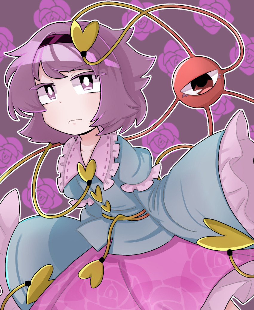 1girl black_hairband blue_shirt bright_pupils buttons chinese_commentary closed_mouth collared_shirt colored_eyelashes commentary_request cowboy_shot flat_chest floral_print frilled_shirt_collar frilled_sleeves frills hair_ornament hairband heart heart_button heart_hair_ornament highres komeiji_satori lace-trimmed_collar lace_trim long_sleeves medium_hair outline pink_skirt priswocaer purple_eyes purple_hair rose_print shirt skirt sleeves_past_fingers sleeves_past_wrists solo third_eye touhou white_outline white_pupils wide_sleeves