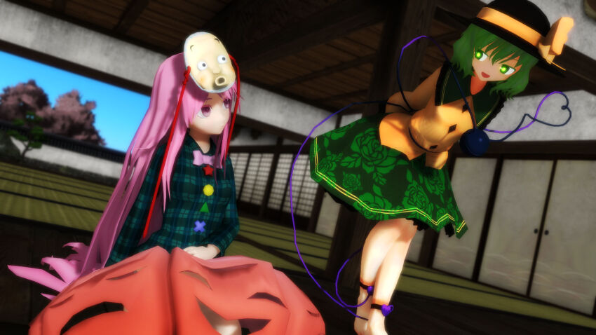 2girls 3d architecture barefoot blouse bow bubble_skirt dutch_angle east_asian_architecture expressionless eyeball floral_print furui green_eyes green_hair green_skirt hat hat_ribbon hata_no_kokoro heart heart_of_string highres komeiji_koishi long_hair long_sleeves looking_at_another mask mask_on_head mikumikudance_(medium) multiple_girls noh_mask open_mouth pink_eyes pink_hair plaid_clothes plaid_shirt ribbon see-through_clothes shirt short_hair sitting skirt sliding_doors smile standing string third_eye touhou tree veranda wide_sleeves