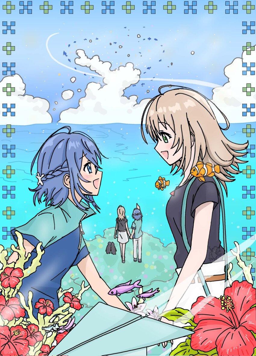 2girls :d black_shirt blue_eyes blue_hair blue_shirt blue_sky brown_hair cloud clownfish commentary_request coral day eye_contact fish flower from_side green_eyes grey_pants hibiscus highres holding_hands looking_at_another medium_hair misakino_kukuru miyazawa_fuuka multiple_girls ocean open_mouth outdoors pants paper_airplane profile red_flower shiroi_suna_no_aquatope shirt short_sleeves skirt sky smile upalupatarara white_skirt