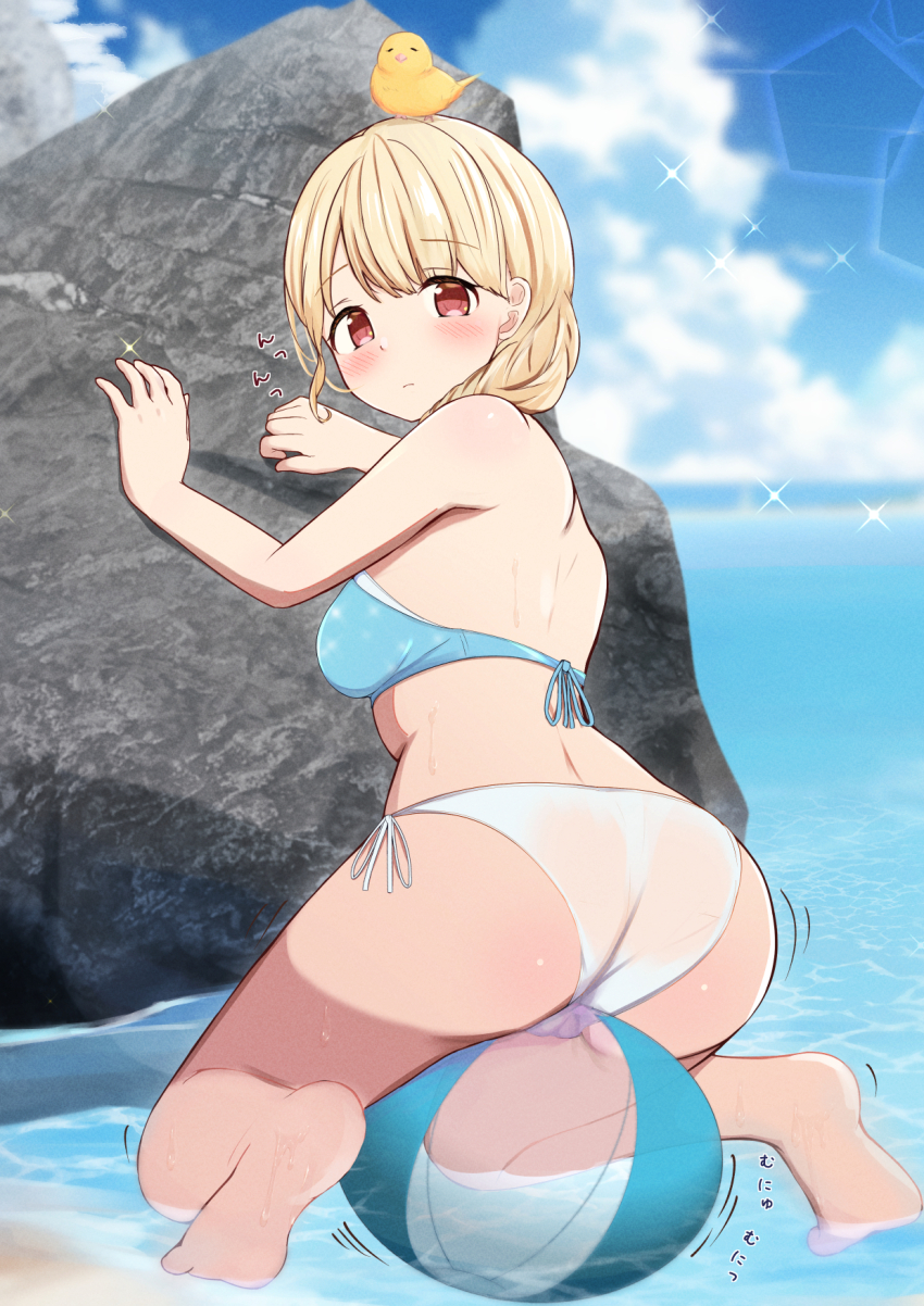 1girl ass ball barefoot beachball blonde_hair breasts feet from_behind highres kogara_toto kogara_toto_(summer_c102) legs looking_at_viewer lupinus_virtual_games medium_breasts miramira1908 red_eyes rock soles solo toes virtual_youtuber vspo! water