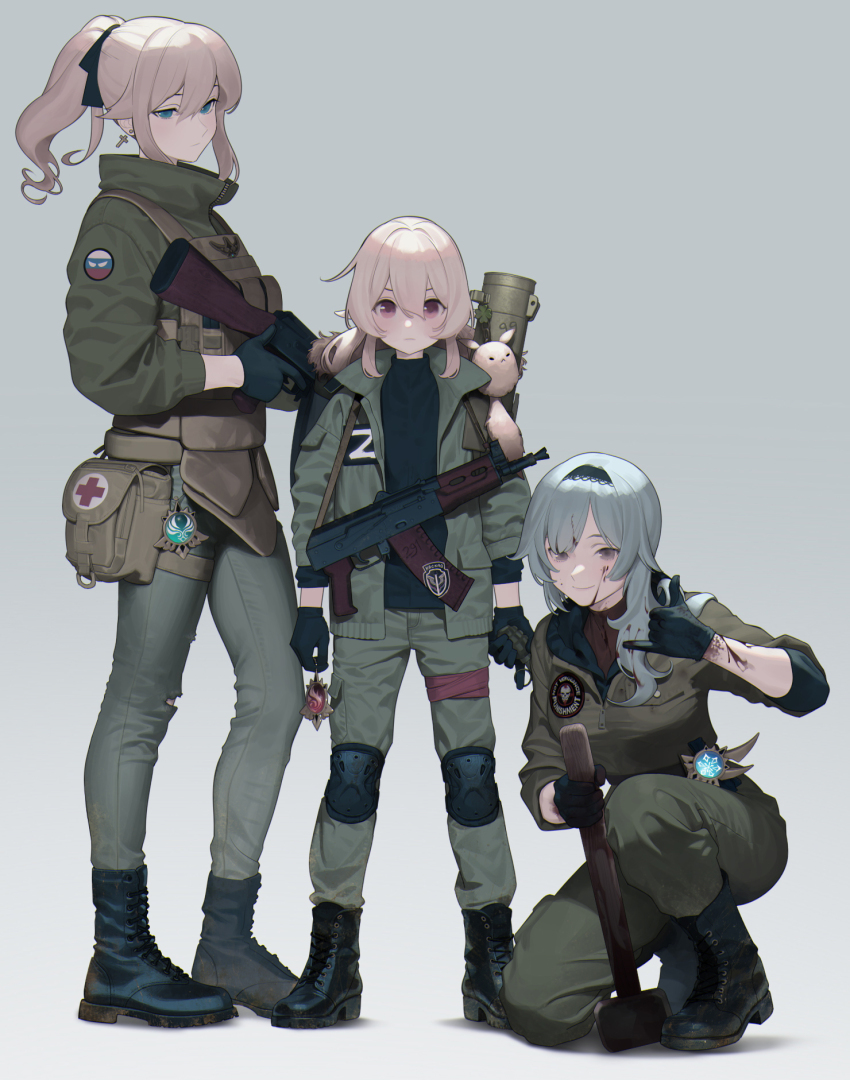 3girls abbystea ak-74 aks-74 assault_rifle black_boots black_gloves black_shirt blonde_hair blue_eyes boots carl_gustaf_recoilless_rifle combat_medic countryball cross eula_(genshin_impact) f-1_grenade_(soviet) first_aid_kit genshin_impact gloves gradient_background green_jacket grey_background grey_pants gun hammer highres jacket jean_(genshin_impact) kalashnikov_rifle klee_(genshin_impact) looking_at_viewer military_combat_uniform military_jacket military_uniform multiple_girls original pants red_cross red_eyes rifle rocket_launcher russia russiaball russian_flag shirt sledgehammer smile wagner_group weapon weapon_on_back white_hair z_(russian_symbol)
